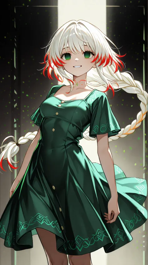 (Extremely detailed ), female, white hair with few red highlights strands,  single long braid starts below the neck and all the way down the end of the back knee, solo, emerald eye color both empty eyes, anatomically correct, smiling softly, medium breast ...