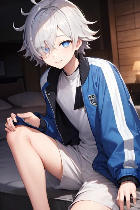 ((TOP QUALITY))、((masterpiece))、(details)、 one boy in airspace、Women、Short Hair、Gray Hair、 disheveled hair、Bedhead、 one eye is hidden by hair、 zitoida、has narrow eyes、 light blue eyes、I have a mole under my eye 、 blue jacket、white shirt、 black jersey pants...