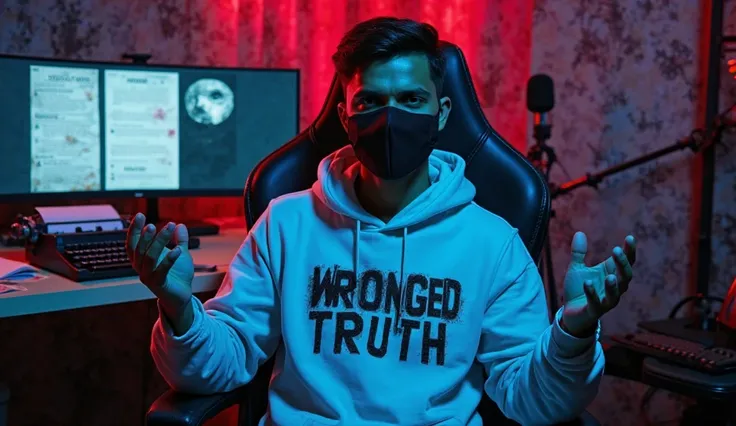 An Indian man sits confidently on a modern gaming chair in his crime documentary YouTube studio. He is wearing a white hoodie with Wronged Truth boldly printed on it. His face is partially obscured by shadows, with a sleek black COVID-19 mask covering his ...