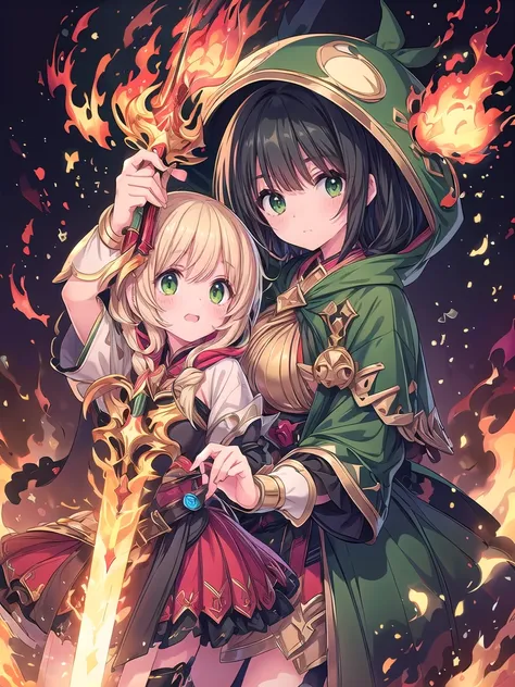 2 girls,very cute.
the 1st girl has sword in her right hand. She wears a red hood.she has long blonde hair.
the 2nd girl has magic wand emitting flames. She wears a green hood.she has short black hair.masterpiece, anatomically correct, high resolution, 