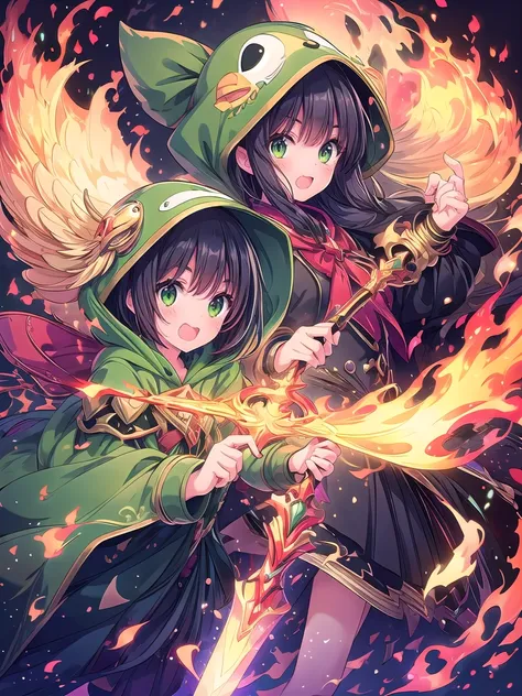 2 girls,very cute.
the 1st girl has sword in her right hand. She wears a red hood.she has long blonde hair.
the 2nd girl has magic wand emitting flames. She wears a green hood.she has short black hair.masterpiece, anatomically correct, high resolution, 