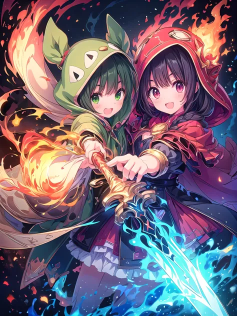 2 girls,very cute.
the 1st girl has sword in her right hand. She wears a red hood.she has long blonde hair.
the 2nd girl has magic wand emitting flames. She wears a green hood.she has short black hair.masterpiece, anatomically correct, high resolution, 