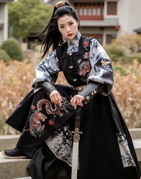 a woman in a dragon-inspired silk robe, intricate hakama, hanfu, traditional Chinese clothing, imperial royal elegant clothing, wearing an ornate outfit