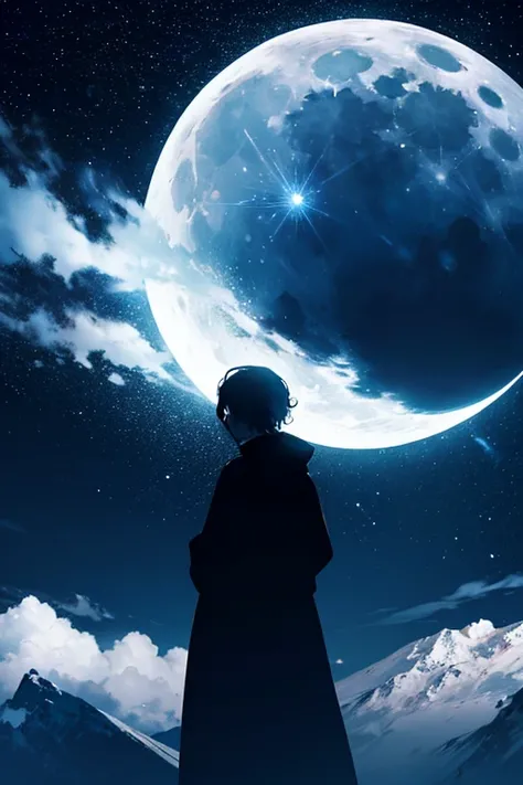 TOP QUALITY,Big moon and shadow,A silhouette of a person can be seen against the backdrop of a large moon.,There is one full moon,There is a mood, beautiful scenery,starry sky