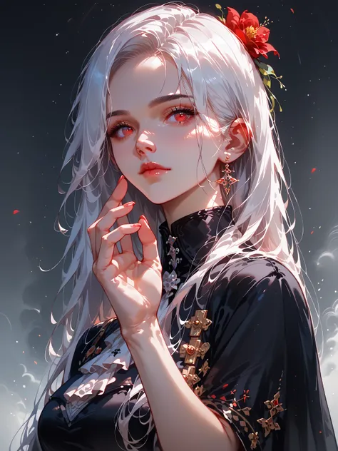 (Best quality, masterpiece), (1 girl, One, black dress, standing , I look at the viewer, White hair, Finely detailed red eyes, closed mouth, upper body, ears invisible, Finely detailed hands ), (red dreamcatcher behind, Red flower, ), (extremely detailed i...