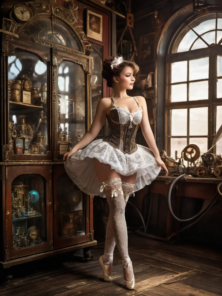 Full body photo, An exquisite and breathtaking painting captures a delicate figurine, a ballerina, a beautiful curvy woman. A full-body standing figure, her light sparkling eyes seemingly alive with energy. Her intricate corset dress is composed of scaly m...