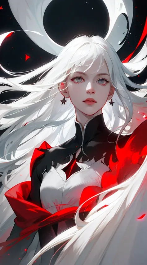 A white-haired girl，The clothes are red, white and black，Stars and other elements，high detal，high qulity，Good atmosphere，delicated，cg render，detail render，（Delicate facial portrayal）（Fine hair depiction）（highest  quality）（Master masterpieces）（High degree o...