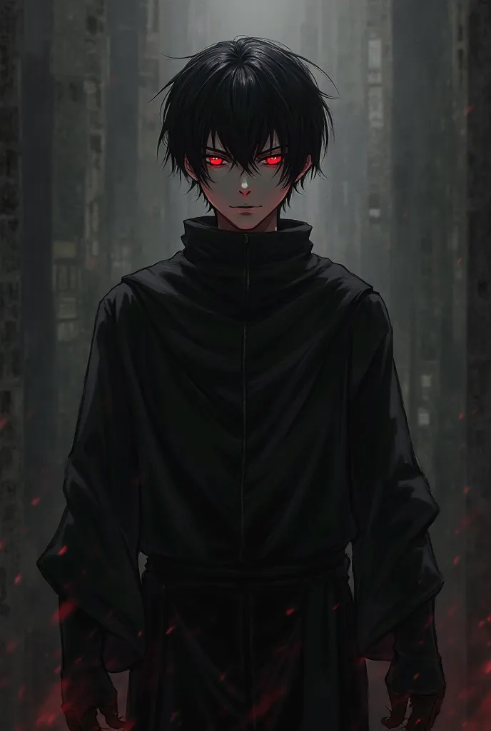 black haired, red eyes, young guy, have muscles, black clothes, intimidating face