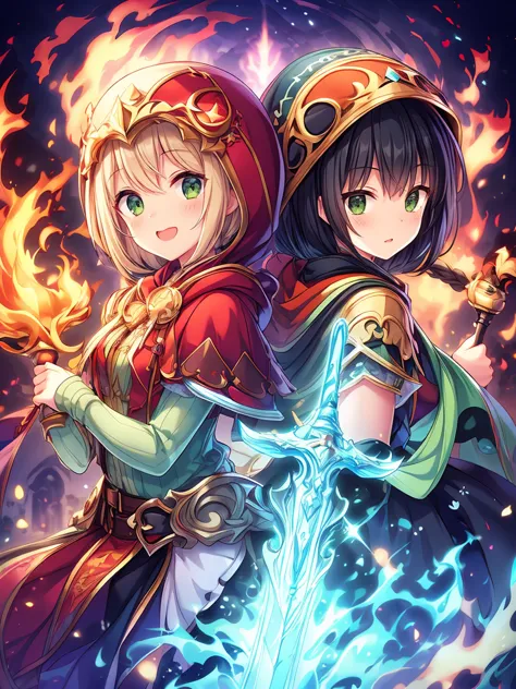 2 girls,very cute.
the 1st girl has sword in her right hand. She wears a red hood.she has long blonde hair.
the 2nd girl has magic wand emitting flames. She wears a green hood.she has short black hair.masterpiece, anatomically correct, high resolution, 