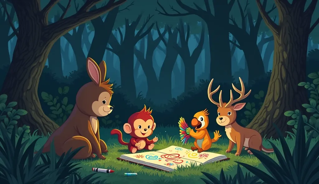 Bunty, determined to save the jungle, gathers his animal friends in a small clearing surrounded by faded trees. He spreads out his drawing book on the soft grass and takes out his crayons, which magically glow in the dim light. The monkey claps excitedly, ...