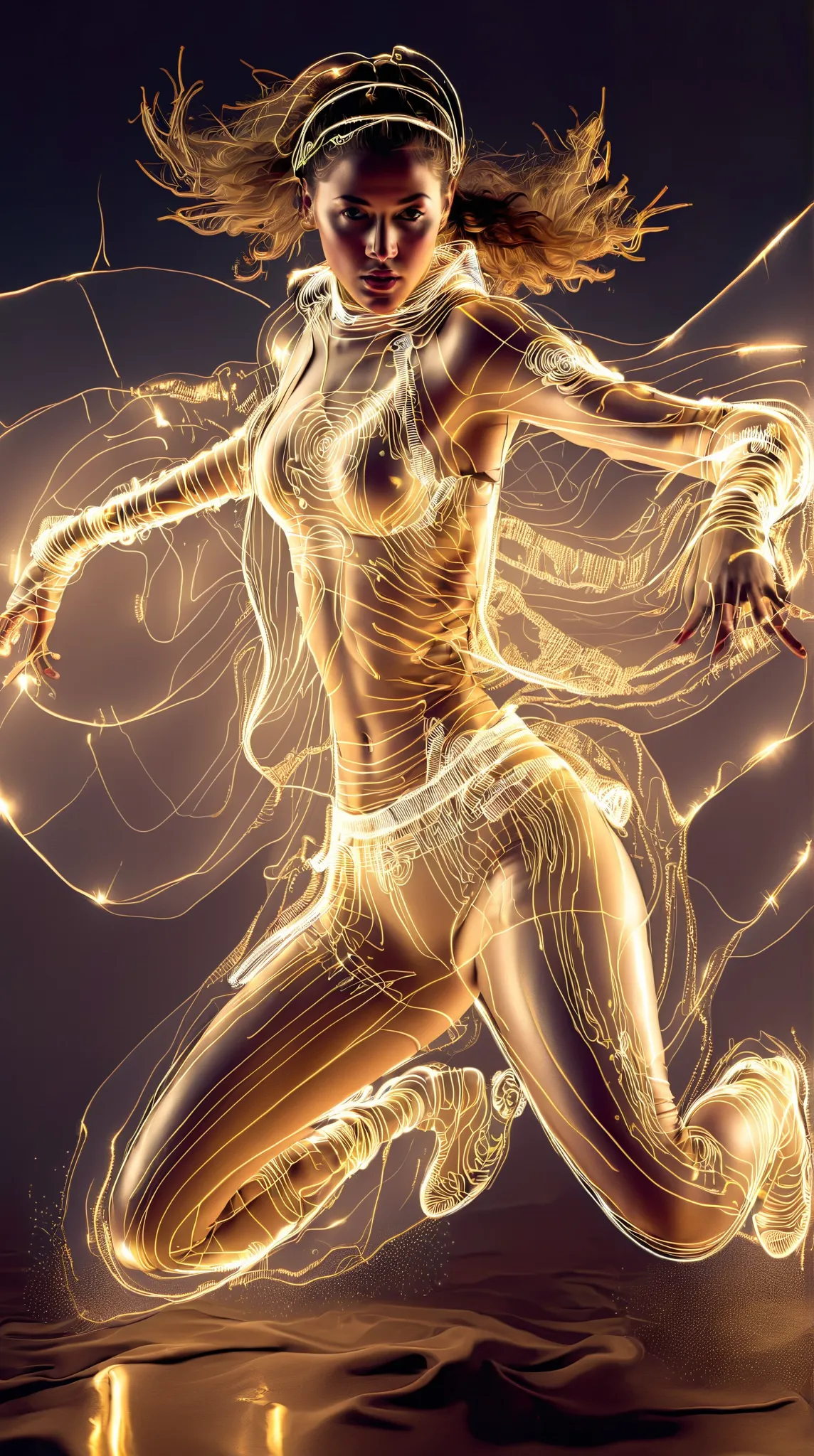 (Transparent hip-hop girl：0.65), （Hip-hop costumes）Transparent ray tracing, Clear magic symbols, The transformation of materiality and immateriality, Gold Cultivation， in the style of Mike Winkelman, surreal, Visual exaggeration, Nano punk,atom punck, asse...