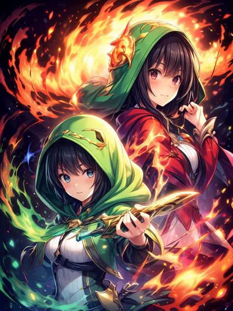 2 girls,very cute.
the 1st girl has sword in her right hand. She wears a red hood.she has long blonde hair.
the 2nd girl has magic wand emitting flames. She wears a green hood.she has short black hair.masterpiece, anatomically correct, high resolution, 