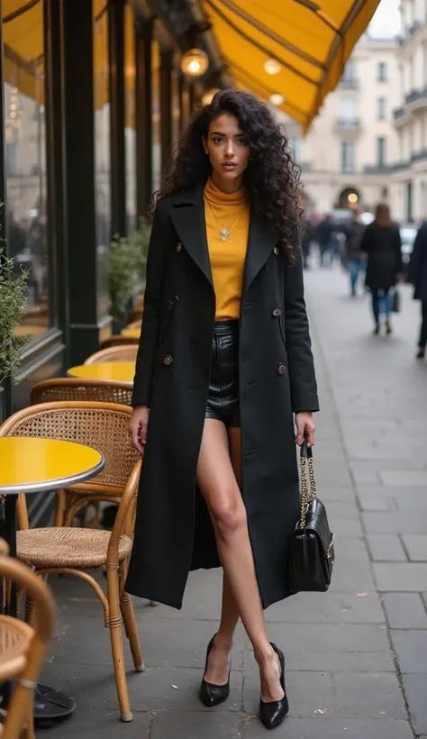 Parisian cafe terrace, elegant beautiful young woman in long dark coat, yellow bistro table, black handbag, stylish high heels, reflective windows, rattan chairs, classical architecture, chic urban setting, soft natural lighting, autumn fashion, crossed le...