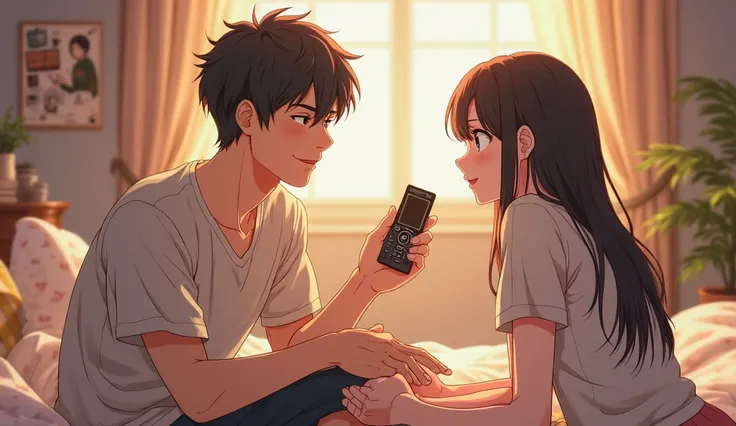 handsome anime guy smiling as he points to the music player in the background  to a pretty anime girl, they're in his room 