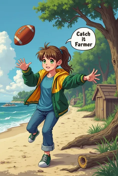 Tomboy Girl with brown hair in a ponytail,green eyes, green and yellow school jacket with a blue shirt underneath, blue jean pants, sport shoes, throwing a football off screen, on the beach, trees in the background with a path leading to a village, rotten ...