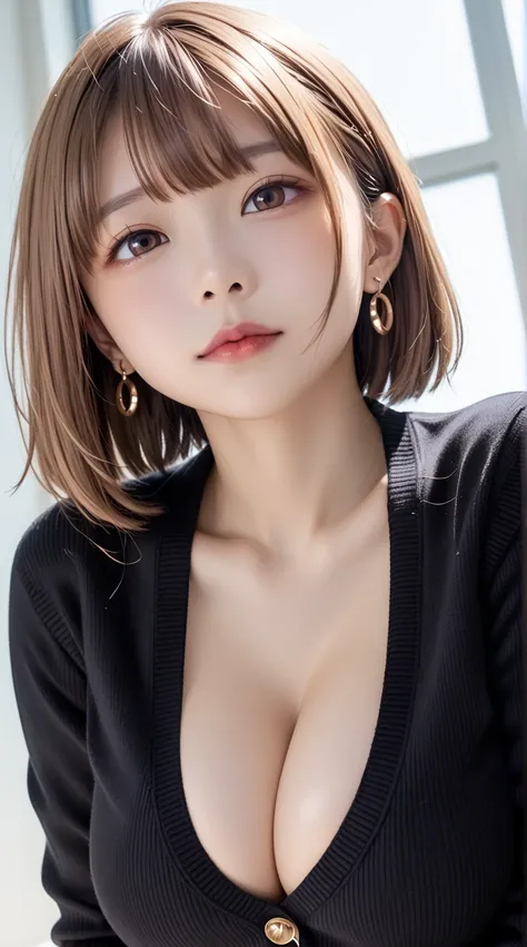 There is a woman sitting at the table、  LOW ANGLE VIEW 、break (((Chest up、Close-up chest、big breasts with tension、Separated Breasts 、 tight breasts、black cardigan that is about to be taken off、ribbon、miniskirt)))、 (long light brown hair ),  shortcut hair、 ...