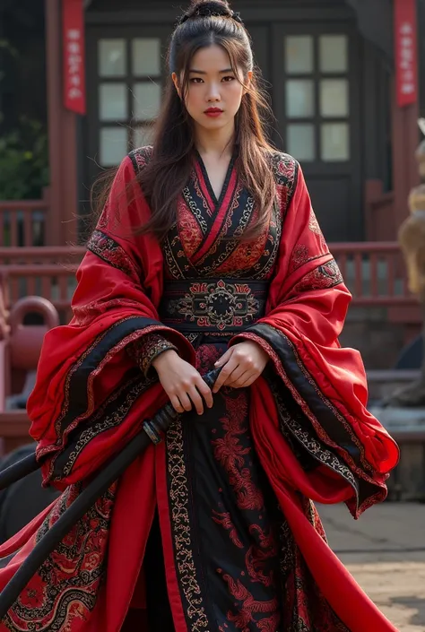 an asian woman in a red and black dress holding a katana, very long hair, dragon-inspired silk robes, warrior dress, traditional Chinese, ancient Chinese clothes, traditional dress, ornate dark red opulent warrior dress