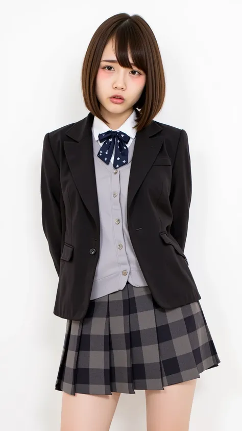 The image showcases a woman with short , dark brown hair with bangs, slightly open mouth, looking sad, against a plain white background. She has a fair complexion and a relaxed posture. She has on a fitted black blazer, giving the look a polished and struc...