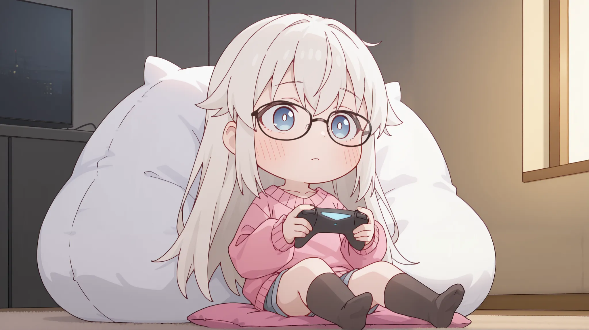 masterpiece, best quality, newest, absurdres, highres,
long hair, white hair, blue eyes, glasses, large bust, looking_at_screen, chibi, 1girl, solo, gaming, holding controller, sitting on soft cushion, cozy room, relaxed posture, casual outfit, oversized s...