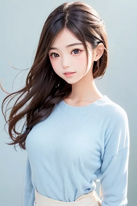 one girl、 Japanese、((( light blue long hair )))、(( facing straight ahead))、(standing figure with the whole body)、Braided hairstyle、(( Brown Eyes))、(( white background))、 Clear Skin、((white shirt))、