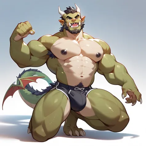 (Furry version）Male Dragon Orc、full body shot、Sharp teeth on the closed mouth、Throat has 2 very convex throats、Obvious muscle lines all over the body、black areola、hand、 legs are all 3 dragon claws 、Dragontail Thick and thick.