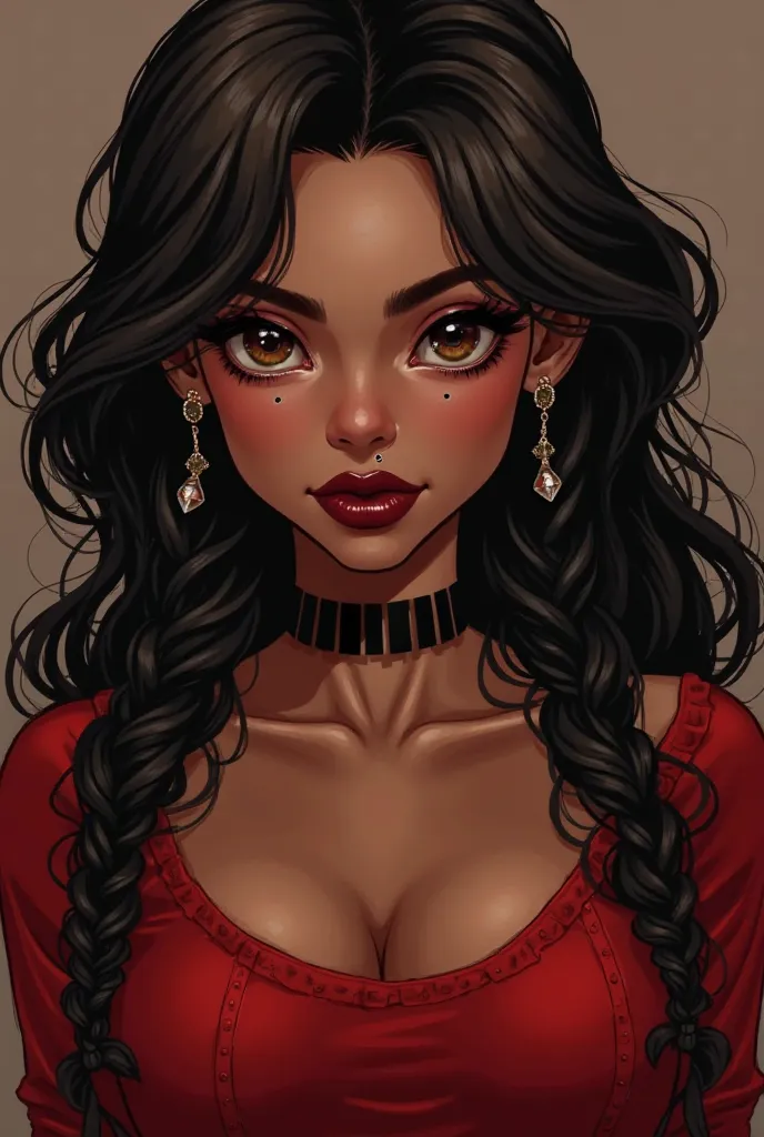 I would like you to create an image of a girl wearing a red dress that combines black elements. She has long, curly hair with half-braids on the left side. Her eyes are brown, her lips are a dark red, and she has multiple piercings in her ears, giving her ...