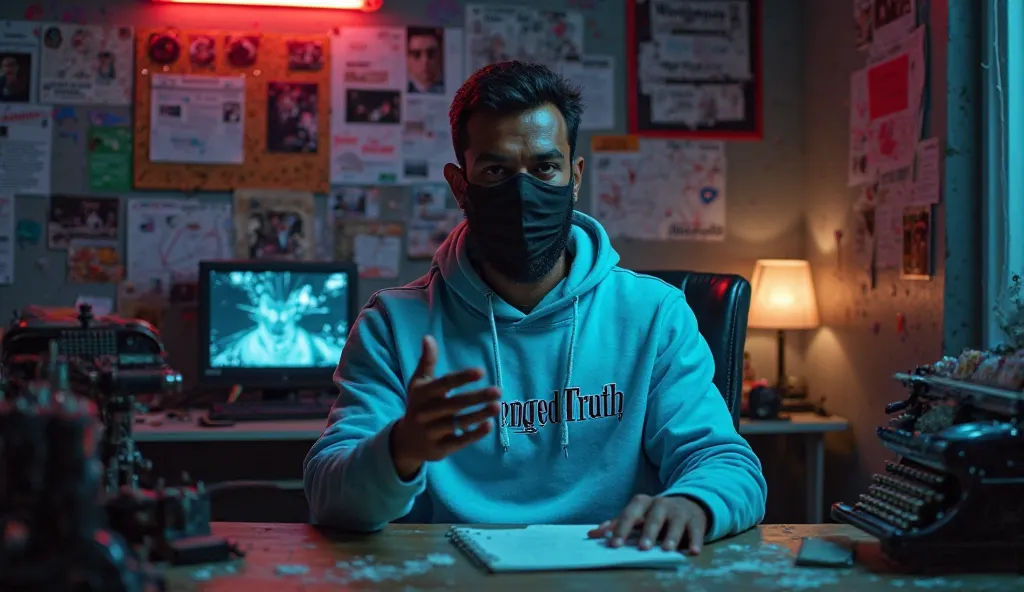 An intense-looking Indian man sits confidently in a dimly lit crime documentary studio, wearing a sky-blue hoodie with WrongedTruth boldly printed across the chest. His face is clearly visible but partially concealed by a sleek black COVID-19 mask, adding ...