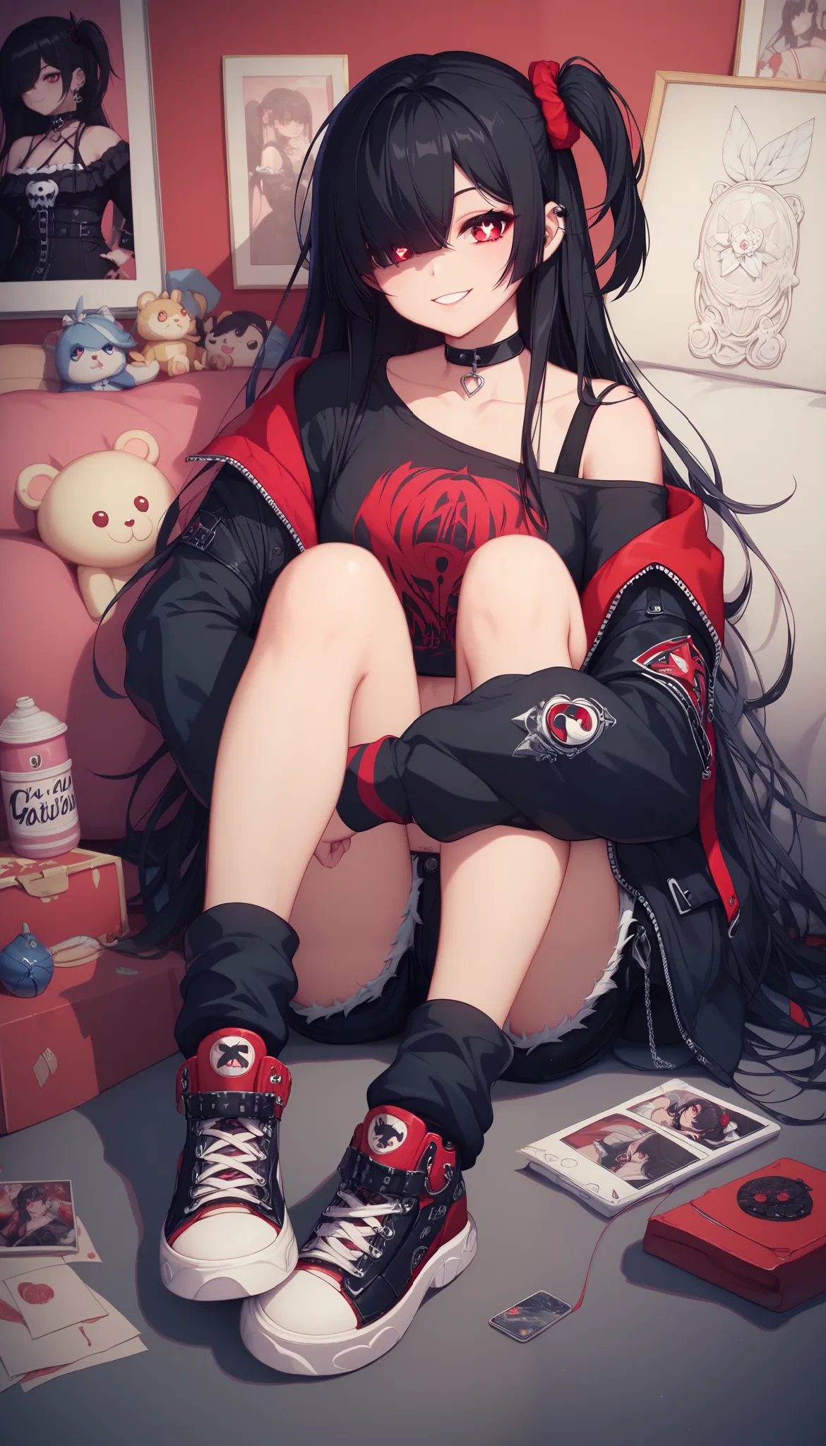 (Best Picture:1.2), (Best Quality:1.3), Masterpiece, highest quality, full body, finely detail, detailed face, 1girl, ai hoshino, long hair, bangs, hair over one eye, red eyes, black hair, one-side up, symbol-shaped pupils, gothic fashion, off-shoulder top...