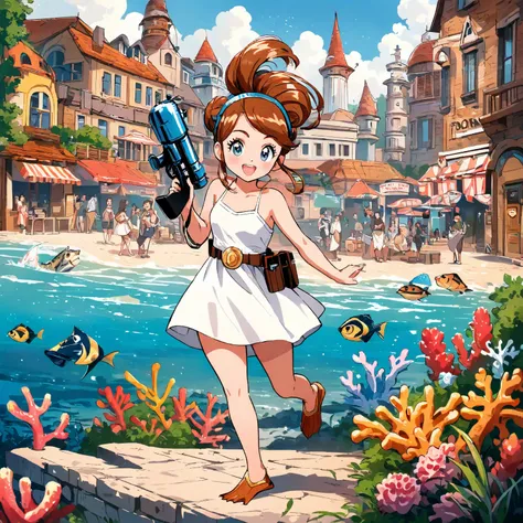 (star wars punk) ?Princess Leia, age 25, iconic side bun hairdo, cute, flowing white robe no underwear white boots, utility belt with blaster), she is visiting a city of fish men aliens (dress in 1920s style suits, webbed feet, webbed fingers, huge eyes, 1...