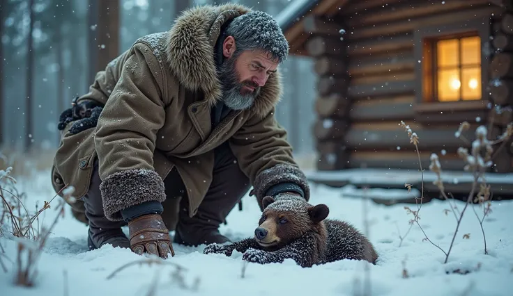 "A rugged, bearded man in a thick fur-lined coat kneels in the snow, looking concerned as he tends to a small, exhausted bear cub lying in front of his log cabin. The scene is set in a snowy forest, with tall trees covered in frost and snowflakes gently fa...