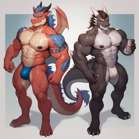 (Furry version） Western Dragon 、 male、full body shot、Sharp teeth on the closed mouth、Throat has 2 very convex throats、Obvious muscle lines all over the body、black areola、hand、 legs are all 3 dragon claws 、Dragontail Thick and thick.