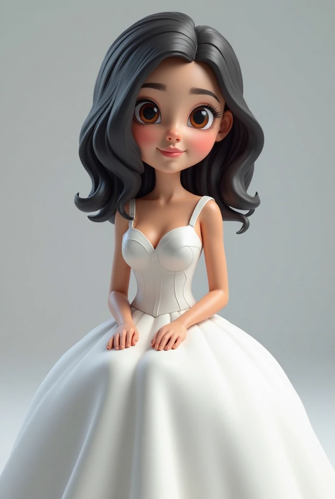  . Create a 3D image of a big young woman with medium-length black hair, wearing a white wedding dress and brown almond eyes, sitting on a 3D Facebook icon. The background will be a Facebook social networking page with the name "Dina Ahmed".