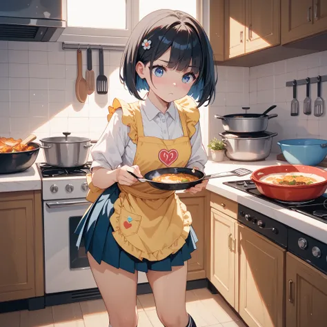 jetblack hair color, bob cut hairstyle,blue eyes, Pleated miniskirt,cute girl the secondary school anime style,confused look, Blushing in embarrassment,Cute thighs, Apron appearance,  Panty shot, super fine illustration,solo, wearing ankle-length socks,  S...