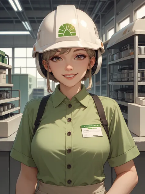  Beautiful Woman, green shirt  , plain white helmet , factory employee , sweet smile 