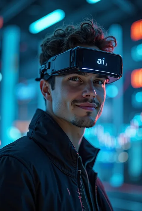 > A futuristic AI-generated avatar of a confident young man wearing a high-tech headset, looking directly at the camera with a slight smile. The background is a cyber-themed financial setting with floating graphs and neon lights, representing AI-powered pr...