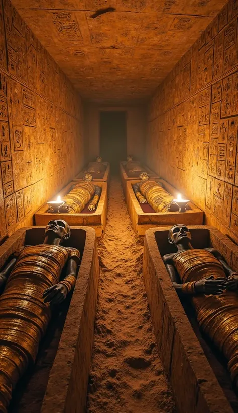 "Under the sands of Egypt, the explorers enter a gigantic underground chamber, illuminated by torches that flicker with a strange breeze. On the walls, Egyptian inscriptions are combined with alien symbols, forming geometric patterns impossible to decipher...