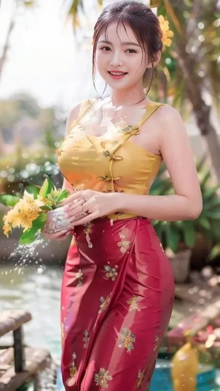 Burmese girl with attractive curvy full body.  Friends full-length bikini,( Gold,white,grey ) (blue 💙 dress) Burma's long-lasting body is full of sensuality, and the beauty of the body She has the prettiest smile on her face, highlighting her wet beauty an...