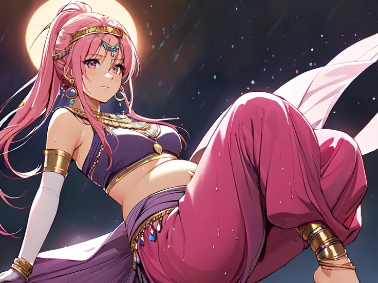 Alone ,  1girl  , jewelry   , archebase, pink hair, high ponytail, pink eyes, long hair, earring, hair between eyes, shirt, dowel pants , Annular Eclipse , dancer veil, circlet , wearing edgMes ,harem outfit , dance , pelvic curtain ,  ( Sweaty , crop top:...