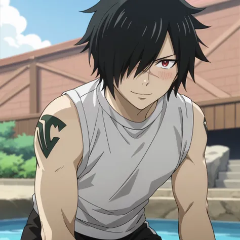 score_9, score_8_up, score_7_up, intricate details, anime screencap, depth of field, 1boy, solo, male focus, rogue_cheney, black hair, red eyes,, hair over one eye, scar, ((black men's shorts, sleeveless t-shirt, closed mouth smile, blush)) in aquatic park...