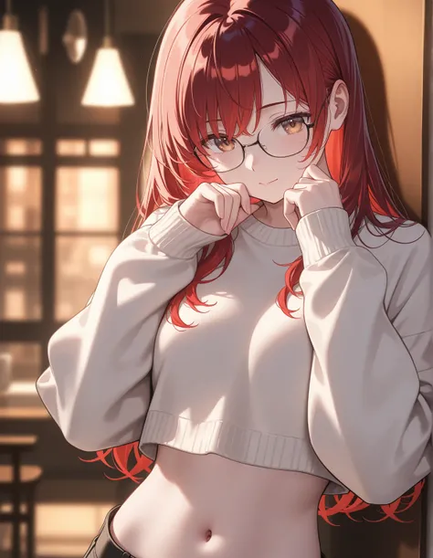 super fine illustration, vibrant colors, masterpiece, sharp focus, best quality, depth of field, cinematic lighting, ultra detailed, navel, stomach, thin, long hair, red hair, brown eyes, cute face, cropped sweater, long sleeves, glasses, alone, 1 woman