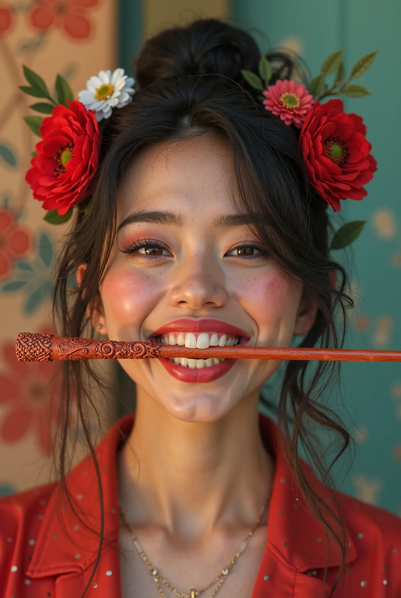 Generate a woman smiling proudly displaying an intricate chopstick permanently glued between her teeth 