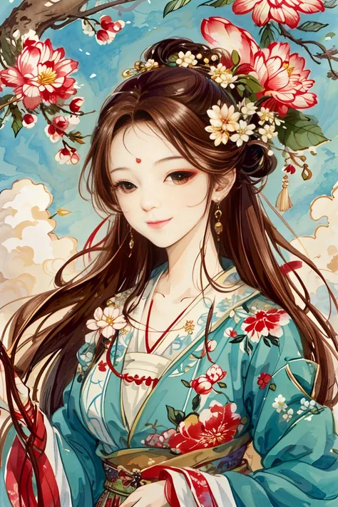 ( TOP QUALITY,  high resolution,  HD , 8k,  masterpiece),  One girl taking care of flowers,  long bright maroon hair ,  moderate breast size、 beautiful and well-groomed face,  brown eyes , Look at me and smile , Old-fashioned garden   ,  colorful flowers a...