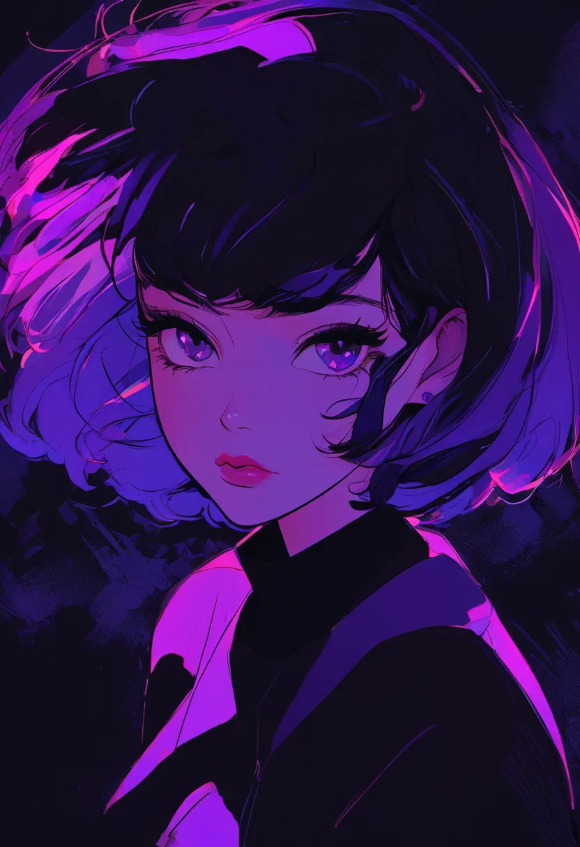 (best quality, sketch:1.2), dark monochrome background, anime,illustrator,anime,1 girl, detailed lips,sweater,custom,background completely black, neon hair,textured cropping,Canadian, masterpiece, style retro classic, noir dark, art, sketch book, (bob hair...