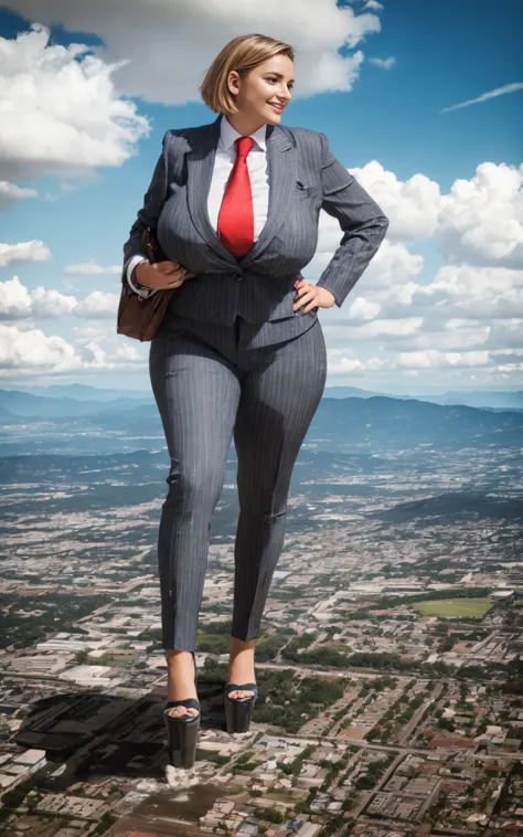 100 km tall giga giantic, curvy young lady with a beautiful smile, bigger than a giant city, curvaceous figure, massive beast, and very short blonde hair, with a curvaceous figure and massive natural breasts. wearing a tailored italian light grey pinstripe...