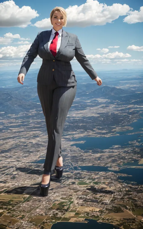 100 km tall giga giantic, curvy young lady with a beautiful smile, bigger than a giant city, curvaceous figure, massive beast, and very short blonde hair, with a curvaceous figure and massive natural breasts. wearing a tailored italian light grey pinstripe...