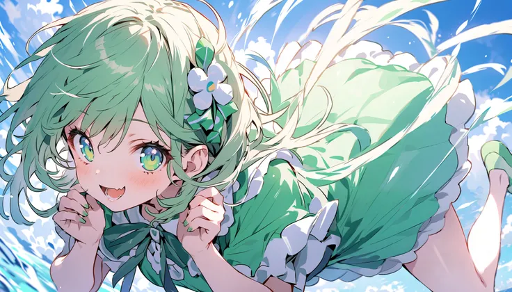 Viewer's perspective, one girl, making a pistol shape with her hands, peppermint green hair, peppermint green fashion costume, green detailed eyes, refreshing, jumping out of the peppermint green space, peppermint green wind flowing, masterpiece