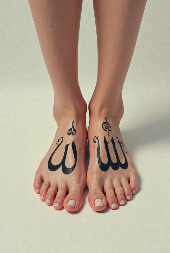 Allah tattoo on a naked woman's feet