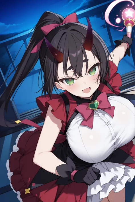 score_9, score_8_up, score_7_up, ((dim, night)), looking up at viewer, dutch angle, (solo, 1girl, black hair, green eyes, very long ponytail, dark red horn, Purple-tipped horn, horn on forehead), huge breasts, (magical girl costume, frilly dress), dynamic ...