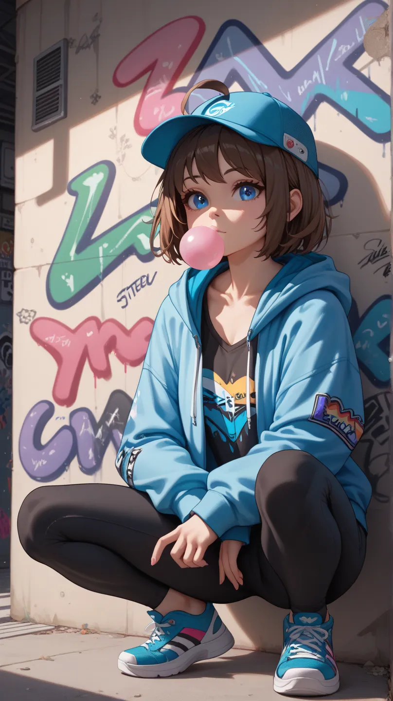 score_9, score_8_up, score_7_up, 
young girl, brown hair, medium bob, ahoge, blue eyes, round eyes, 1girl, chest, cute
street style, hoodie, cap, sneakers, spray graffiti, graffiti art, tunnel, black compression pants, squat, chewing gum