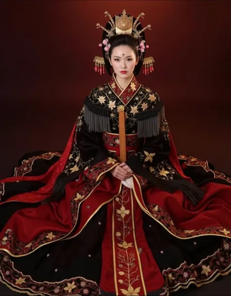 an Asian woman in a red and black dress, dramatic studio lighting from the back, Chinese empress, wearing ancient Chinese clothes, ancient Chinese princess, traditional Chinese clothing, ancient Asian dynasty princess, imperial royal elegant clothing, wear...